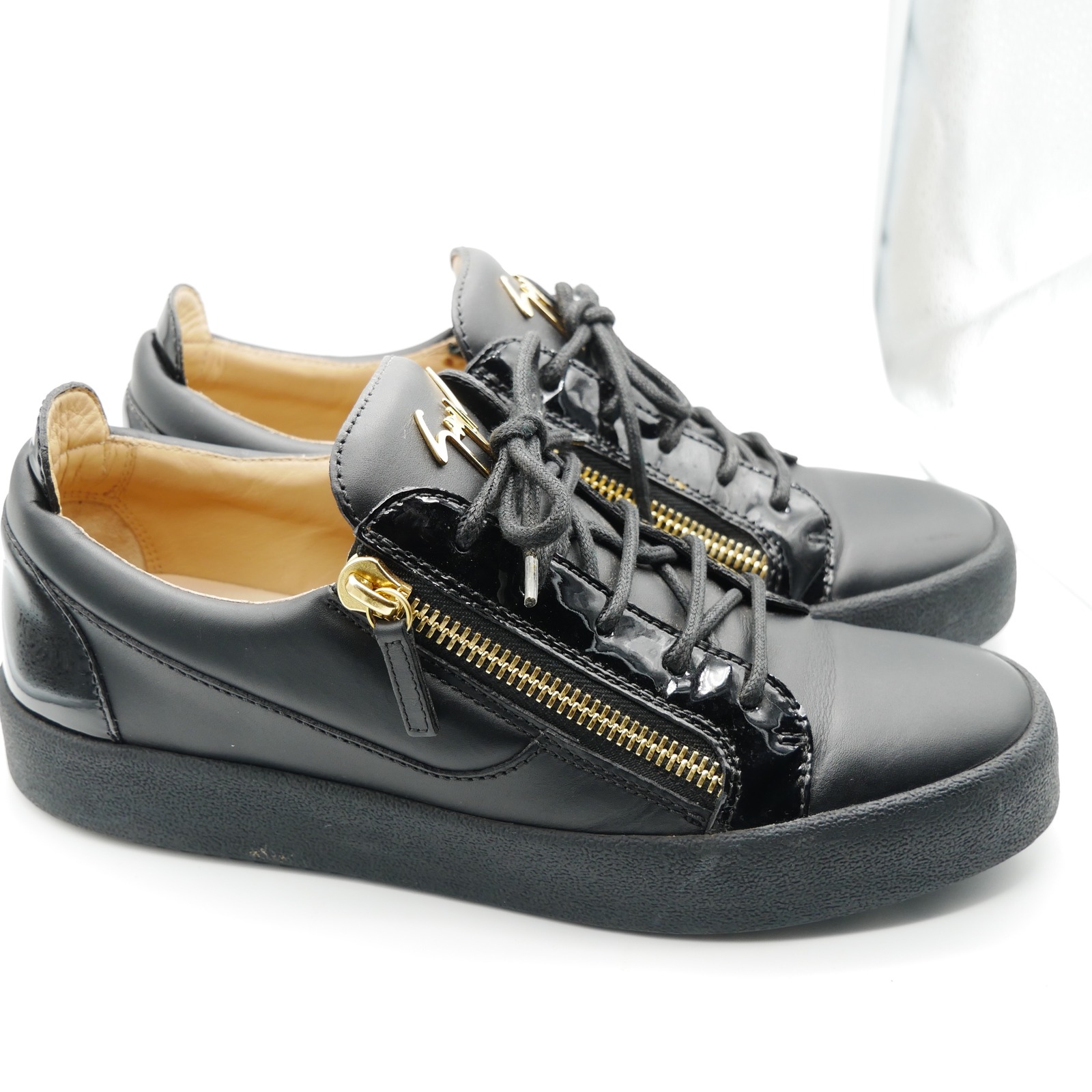 Giuseppe Zanotti Frankie Black Leather Gold Zip Low Top Sneakers Mens 43 Ru70000